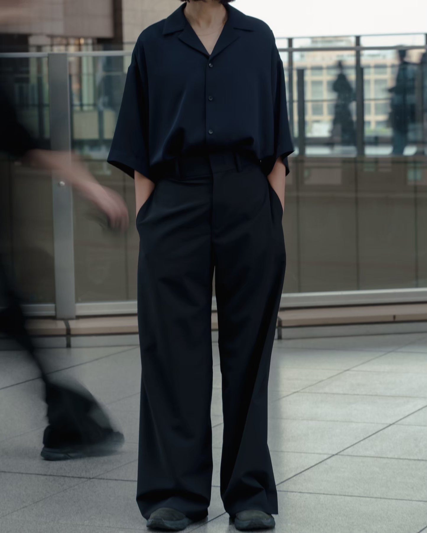 pre order / open collar shirts(navy)