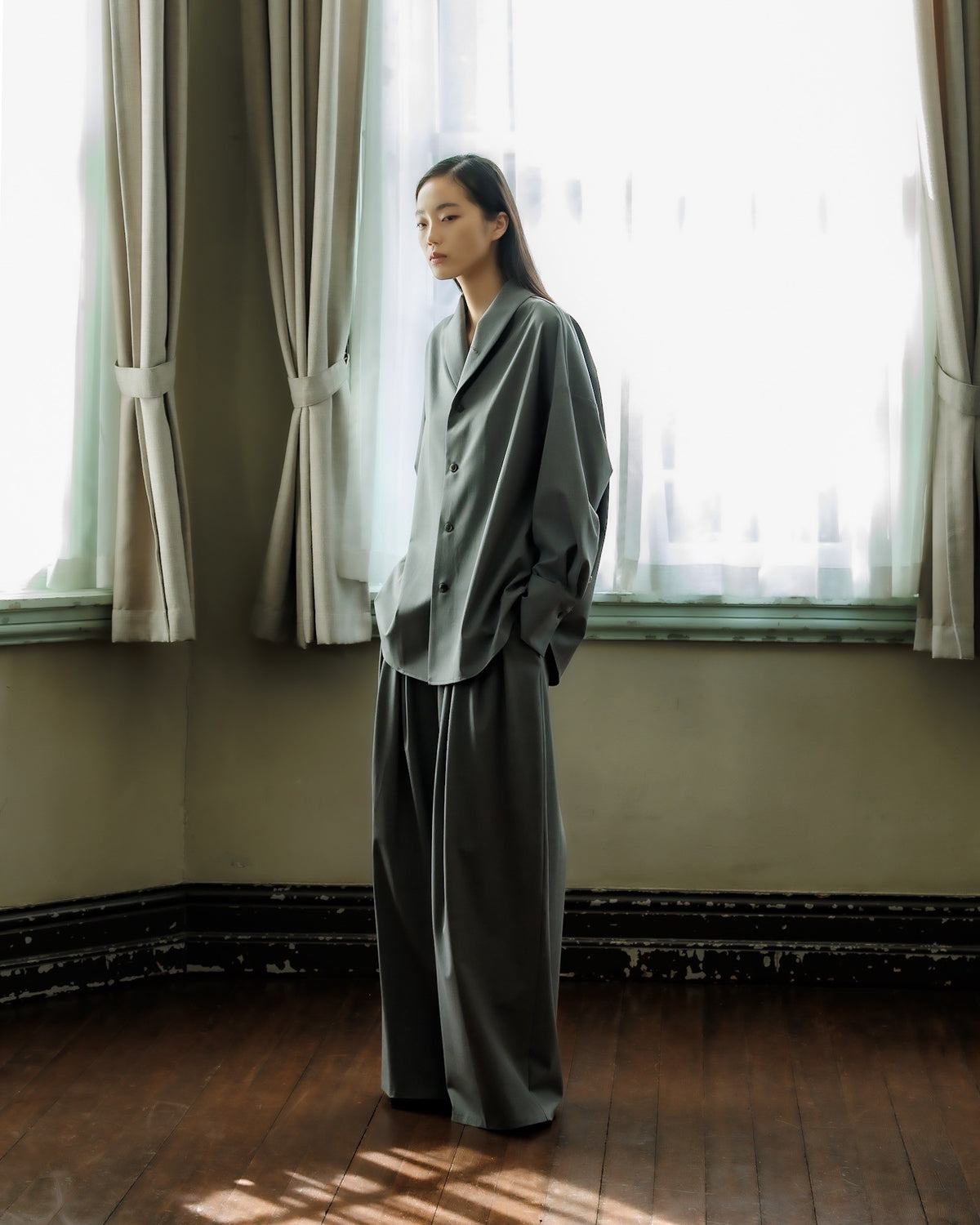 shawl collar shirt jacket (gray)