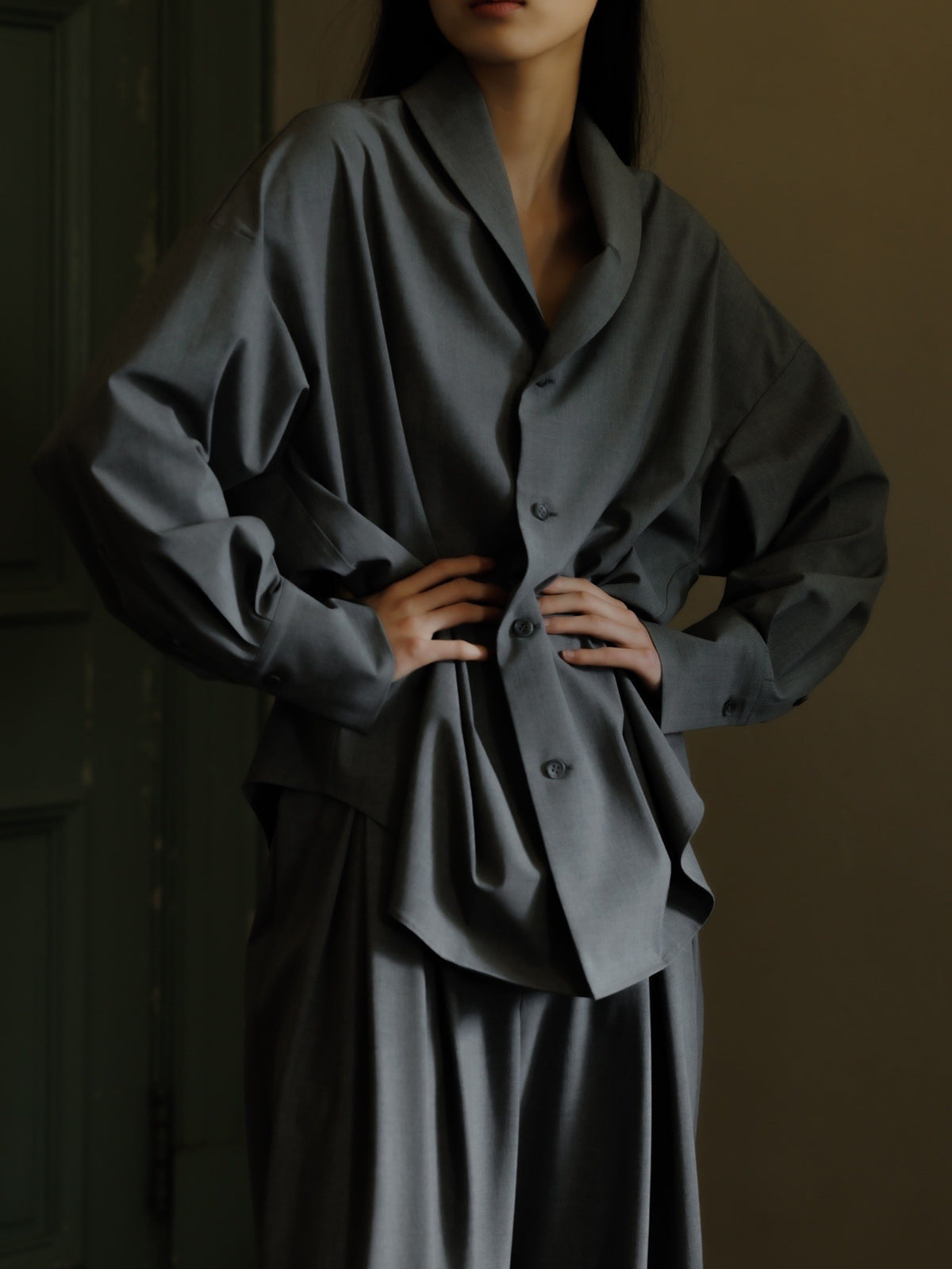 shawl collar shirt jacket (gray)